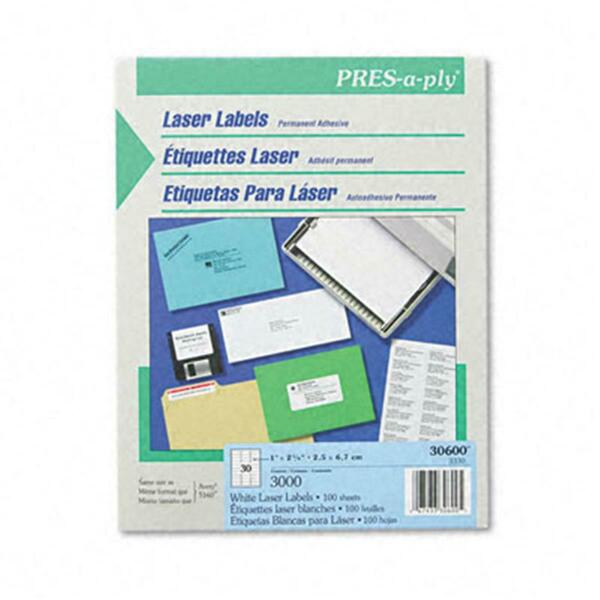 Avery Pres-A-Ply Laser Address Labels 1 x 2-5/8 White, 3000PK 30600